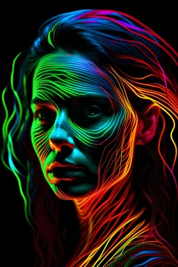 a portrait photograph of luminescent colors wavy lines completely covers a woman's face like topographical curves , head bust, pure black background, 35 mm photo, neon light like in tron, highly detailed, glow, sharp focus, colorful
