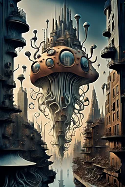 a stunningly weird image of a futuristic metropolis using Salvador Dali's paranoiac-critical method, where buildings and structures appear to melt into the skyline cityscape is filled with floating medusas and mad, twisted metal shapes that interact with the buildings and each other, forming a surreal tableau of a dreamlike reality. neu-steampunk vibe, essence of the scene in a cinematic manner, with dramatic shadows that enhance the distorted perspectives and bizarre mood