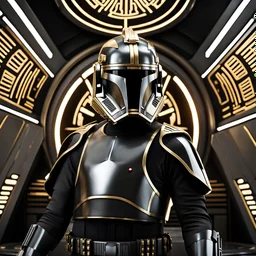 star wars bald male corellian pilot wearing pearlescent black and gunmetal grey First Order special forces heavy assault armor and helmet with gold trim inside the jedi temple, centered portrait, hyperdetailed, dynamic lighting, hyperdetailed background, 8k resolution, volumetric lighting, light skin, fully symmetric details