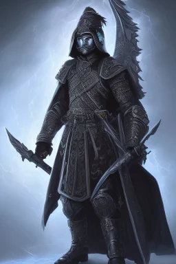 A warrior with a matte black combat helmet and eyes with bright blue flaming pupils, a black cape and a long coat with long combat boots and a long, sharp and fiery spear and with his helmet under his cape and two blue flames instead of eyes