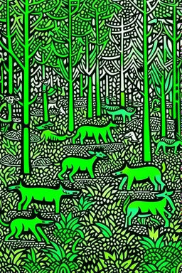 A green viny forest with wolves painted by Keith Haring