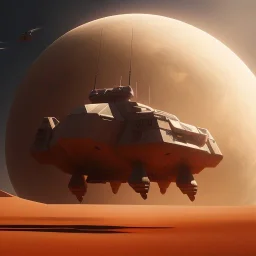 volumetric desert environment, Ralph McQuarrie style painting of an armored hovercraft with gun, floating in the air, highly detailed, renderman, duststorm at sunrise