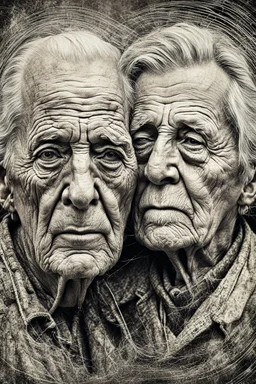 an old couple faces olae vintage photo with stronge glich technique, grey-brown, defects, graininess, white noise, lines, scratches, glitch art