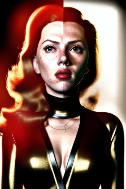 retro portrait image from 1960, explosion, long hair, young Scarlett Johansson, classic black tight lycra suit, metal stick weapon, gold bracelet and belt, high heel boots, soft color, highly detailed, unreal engine 5, ray tracing, RTX, lumen lighting, ultra detail, volumetric lighting, 3d, finely drawn, high definition, high resolution.