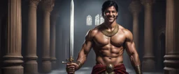 Hyper Realistic shirtless muscular handsome short black hair Indian King smiling & holding sword in a huge dark haunted hallway with traditional pillars