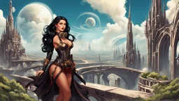 exotic sci-fi steampunk pin-up girl, with long dark hair, on a sci-fi planet with cloud trees, tall spires, buildings, bridges, arches