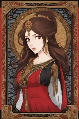 medieval concubine, long brown hair, red eyes, red and black attire