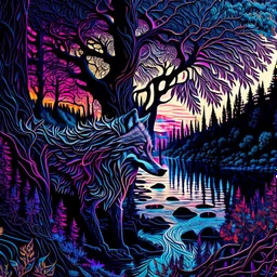 Ink art of a full-fledged flat wolf intricate hyper-detailed river trees contrasting 4k colors