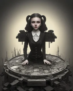 portrait Wednesday Adams , sitting on an empty crate, black dress, potholes on road, ramshackle, crow, 8k resolution, high-quality, fine-detail, intricate, digital art, detailed matte, volumetric lighting, dynamic lighting, illustration, 3D octane render, brian froud, howard lyon, selina french, anna dittmann, annie stokes, lisa parker, greg rutowski,