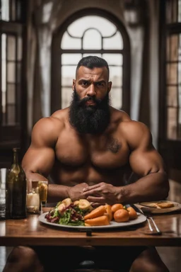 full figure shot photography of a burly ugly 30 year old italian boxer with big broken nose, very long muslim black beard, muscular beefy man shirtless, manly chest, big shoulders, shaved hair, bulge, in a modern dinner room, photorealistic