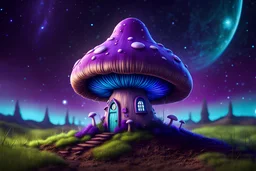 vibrant violet and cyan mushroom house on dirt pillar grassy top outer space. stars, grass, mushroom house, dirt pillar. Detailed gloss Painting, rich color, fantastical, intricate detail, splash screen, hyperdetailed, insane depth, concept art, 8k resolution, trending on artstation