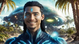 beautiful gorgeous young man na'vi with long hair, Avatar, blue skin, two small ears, green eyes, black hair, in cosmic suit, galactic ambiance, medium pointy goatee , smiling, with spaceship and planets and palm trees and clear crystaline cosmic beach in background