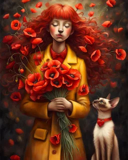 Create a moving illustration of a red girl wearing a yellow coat holding a bouquet of red poppies, standing peacefully, head leaning upward. A Oriental shorthair Siamese chocolate point cat with a red heart-shaped collar sits at her feet, looking up adoredly. Use a dark, textured background to accentuate the heat of the subjects. Emphasize a calm and introspective atmosphere. HD