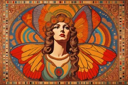 colorful psychedelic painting of ancient god psyche depicted in ancient mosaic art as a butterfly-winged woman by andy warhol