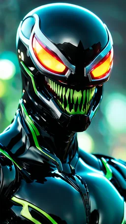 A detailed raw photo of the Venom black Cyborg made entirely of luminescent and translucent liquid materials, bathed in cinematic light. You can see all the inside of his body, with two Daft Punk-style, realistic elements, captured in infinite ultra-high-definition image quality and rendering.A new space creature from Ben 10 cartoon. Strong and graceful. Advanced metal. Magical power, precise detail and intense power.Cyborg symbiote, white color, green color, tendrils, high tech, cyberpunk, biop