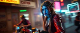 motion blur cyberpunk young bike rMichelle Pfeiffer gypsy vampire with head band mods painted by Rembrandt and Titian and Giger