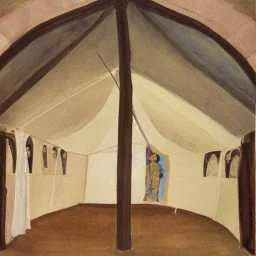 painting of an inside view of an old medieval tent with a little opening in canopy