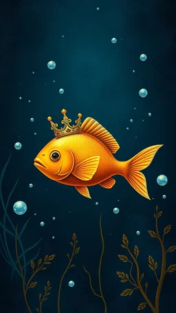 the Pushkin fairy-tale bright orange shiny golden fish wearing a crown in the deep dark blue sea, bubbles and weeds around