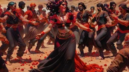 a woman in blood warring black in the desert surrounded by men and women through her with small stones on her.