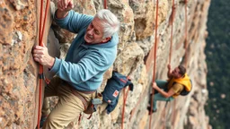 elderly men and women rock climbing, detailed colour photograph