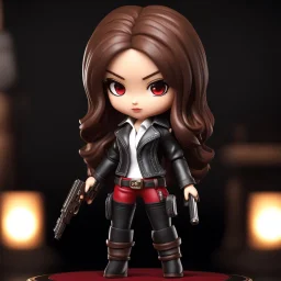 a chibi woman with long brown hair, red eyes, mafia princess, holding a handgun, leather and denim outfit, intricately detailed, chibi 3d doll