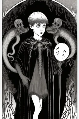 7 year old boy, necromancer, friendly, looks dead,with a long lamprey emerging from his belly , wearing black robes, in the style of Harry Clarke