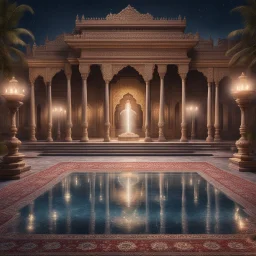 Hyper realistic detailed Outside historical indian palace with glass work on pillars with beautiful carpet & water fountain at night