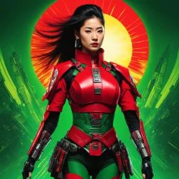 This extraordinary figure is none other than the Asian woman superheroine, a cyber-samurai whose presence commands attention and respect. Strapped in a red, futuristic harness adorned with mechanical elements, the cyber-samurai stands against a vibrant green backdrop, the crimson sun casting a surreal glow upon her elegant form. Her armor, a blend of traditional samurai design and cutting-edge technology, exudes both strength and sophistication, a testament to her mastery of the physical and dig