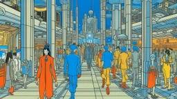 An illustration by Kuniyoshi and and Picasso of tech-people walking inside a futuristic matrix world.