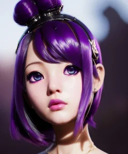 Detailed cute anime Kunoichi girl, purple hair buns, purple bangs, black latex bodysuit, intricate details, full body portrait, keep head in frame, slight smile, black Japanese motif, concept art, highly detailed, digital painting, concept art, sharp focus, illustration, art by Yoji Shinkawa, WLOP and greg rutkowski and alphonse mucha and artgerm and yanjun Chen and Junji ito and Makoto Shinkai, HDR, octane render