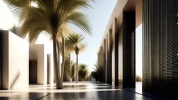 The architecture of modern and minimalist design, with straight lines and a neutral color palette that highlight the purity of its form, geometric elements, rectangular and square volumes, are harmoniously combined, creating a visual play of light and shadow, in an environment of desert and palm trees from a pedestrian point of view.