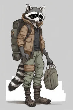 full body, anthro raccoon thief, hooded, backpack, post-apocalyptic, sketch, blank background