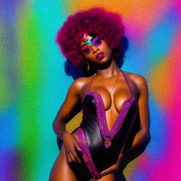 full body shot, masterpiece, best quality, girl, black skinned, sparkling eyes, fluorescent skin, colorful makeup, afro, highly detailed body, afrofuturism, scifi, sun light, 4K, RAW, depth of field, high contrast, realistic details, 24mm