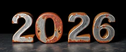 "2026" in block letters made of shiny and rusty metal on contrasting background