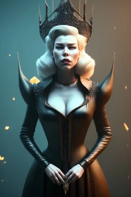 Hannah Waddingham as evil queen in black leather gown, busty, cleavage, voluptous, rebecca Welton, angry, stern look. character design by cory loftis, fenghua zhong, ryohei hase, ismail inceoglu and ruan jia. unreal engine 5, artistic lighting, highly detailed, photorealistic, fantasy