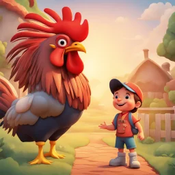 Ilustración estilo cartoon 3D de un niño con un gallo gigante