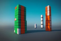 Plastic city Towers made out of stacked Rubik's CubeS, Orange, white, blue, green