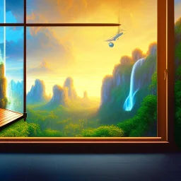 desk, parquet, sheet of paper, little pen, in front of a huge picture window with large view on a waterfall with warm light, sunset ,pixar style, panorama, nature, globe, HD, Hallelujah mountains