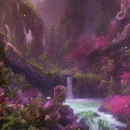  scifi landscape, bioluminsescent plants, 8k resolution, dynamic lighting, ultra hyperdetailed, waterfalls, ultra colourful flovers,, very small details, realistic.