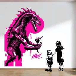 Banksy style graffiti of a xenomorph holding out a head to a little girl, graffiti 2d wall mural, minimalism, pink and black hues