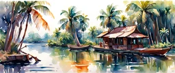 watercolor painting of kerala backwater, pen line sketch and watercolor painting ,Inspired by the works of Daniel F. Gerhartz, with a fine art aesthetic and a highly detailed, realistic style