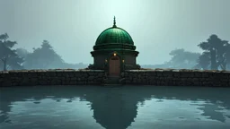 fantasy, A small domed building with a green roof standing in the middle of a body of water, surrounded by a stone wall. The sky has a hazy, dreamlike quality, adventure core, soft and dreamy depictions, epic eerie