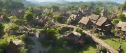 A busy village market in beautiful surreal sunny countryside scene with distant hills, hedgerows, & fields. Many intricate dwellings, a clock-house, many raised pathways & stairways, walkways & bridges, waterfalls & a waterwheel : ultra high detail, photorealistic, epic cinematic, 8K, Large depth of field