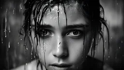 girl with wet mascara, wet face, sad photographic, black and white, dark room
