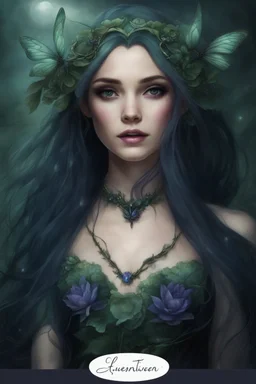 Dark purple hair, elven crown, roses emerald, Water lilies, long hair,lotus ,night, Fairy princess rapunzel hair ,queen crown, dragonflies fireflies ,elven tiara ,flowers, fairy wings, gothic, purple ,fairy crown,butterflies