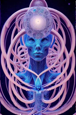 Spiritual being with Tentacles over human Head creating reality around, wrapping Spiral around Human, Psychedelic