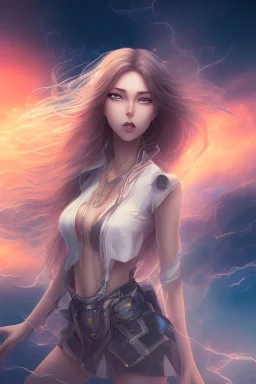 A striking beautiful anime girl coming out of an abstract background of stormy wind and fire sky