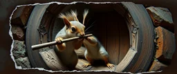 weird ass squirrel burglar breaking open a hexagon door with a crow bar , pinhole cam, airbrush 3d rendering, in the style of John Atkinson Grimshaw , torn edges on border