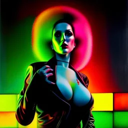 portrait oil on canvas, beautiful punk busty female Cyborg, looking to viewer, sad green eyes, post-apocalyptic in a cyberpunk city,minimal skintight suit, blade runner, comic book cover, mystical colors, neon, insanely detailed,realistic,intrincate detail, 16k resolution, masterpiece, Adam hughes