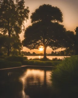 A tree in the middle of a garden with a sunset hour water background